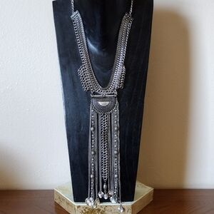 Boho Maxi Fringe Chain Link Necklace 18" Silver Tone